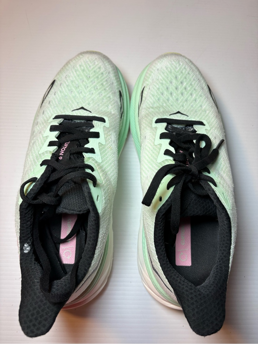 Hoka Clifton 9 Mint Green and Black Women's Athletic Running Shoes * note damage